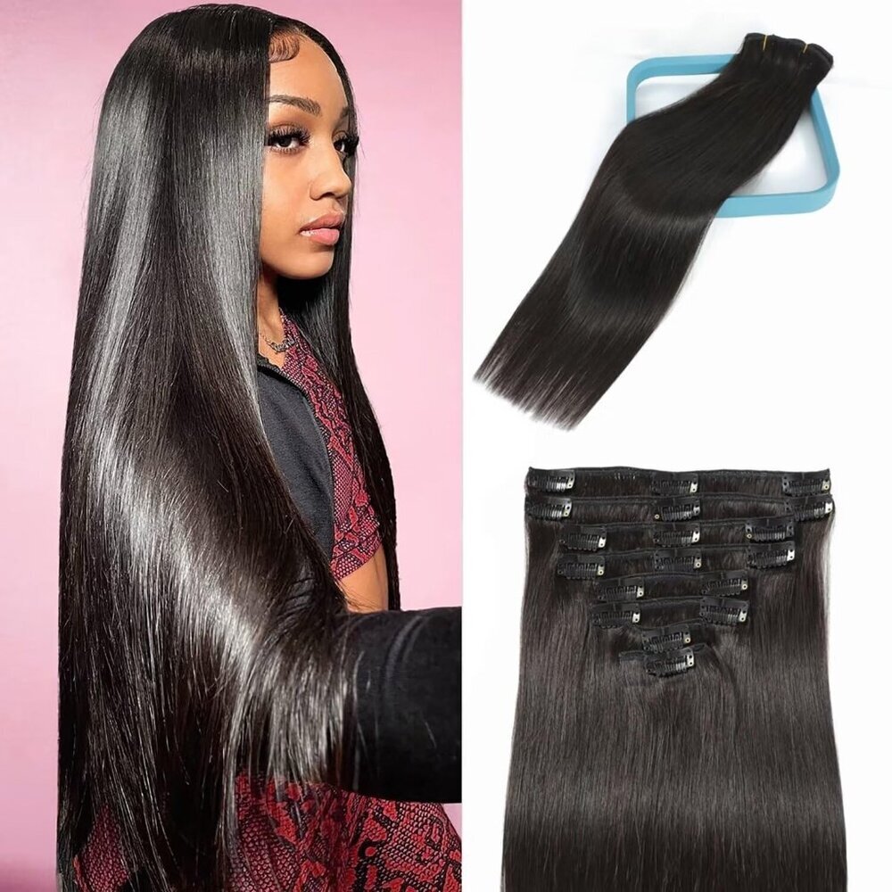 Clip in Hair Extensions Human Hair 18 Inch 100g Black Long Straight Style